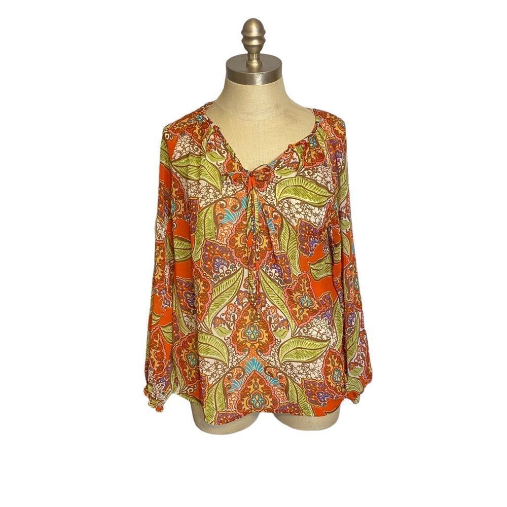 Charter Club Bohemian Floral Sheer Blouse, multi-color, long sleeves, size P/P